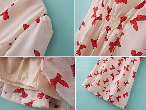 Slim Fit Bowknot Print Short Sleeve Imitated Silk Women's Dress