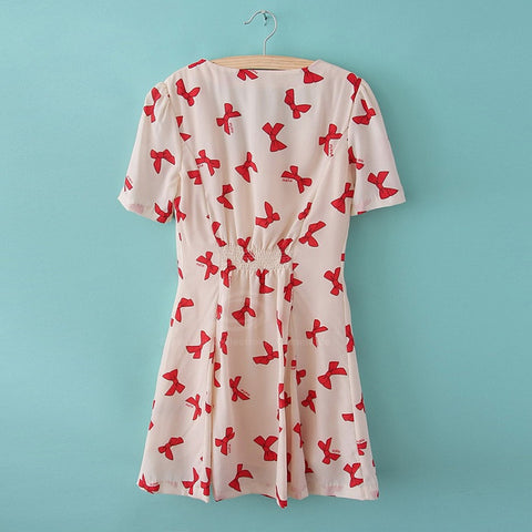 Slim Fit Bowknot Print Short Sleeve Imitated Silk Women's Dress