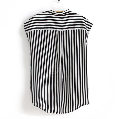 Short Sleeves Black and White Stripes Casual Shirt Blouse