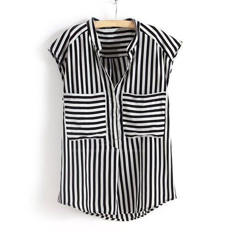 Short Sleeves Black and White Stripes Casual Shirt Blouse