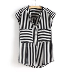 Short Sleeves Black and White Stripes Casual Shirt Blouse