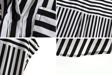 Short Sleeves Black and White Stripes Casual Shirt Blouse