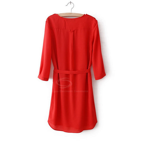 3/4 Sleeves Dress Bow Belt Chiffon Shirt Style RED