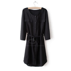 3/4 Sleeves Dress Bow Belt Chiffon Shirt Style BLACK