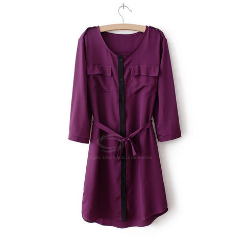 3/4 Sleeves Dress Bow Belt Chiffon Shirt Style PURPLE