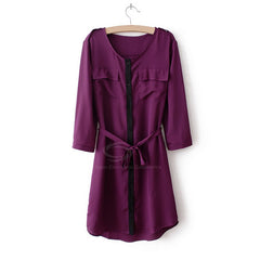 3/4 Sleeves Dress Bow Belt Chiffon Shirt Style PURPLE