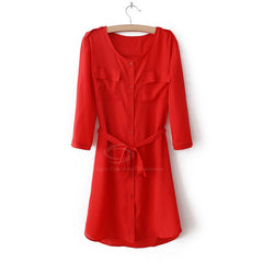 3/4 Sleeves Dress Bow Belt Chiffon Shirt Style RED