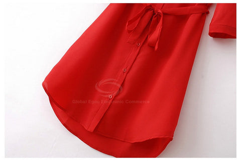 3/4 Sleeves Dress Bow Belt Chiffon Shirt Style RED