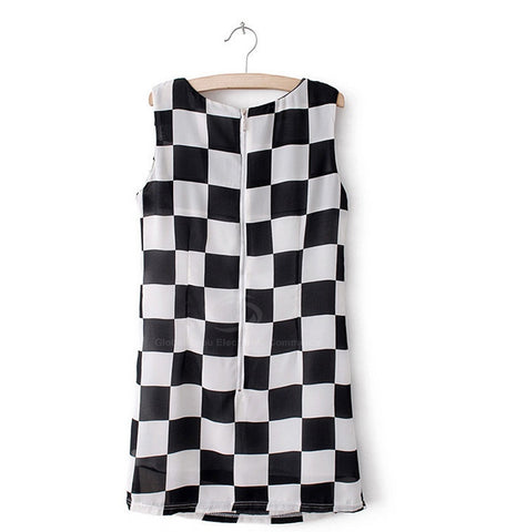 Western Style Black and White Checked Print Sleeveless Women's Dress