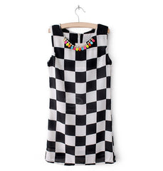 Western Style Black and White Checked Print Sleeveless Women's Dress