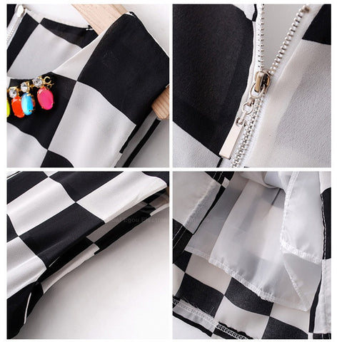 Western Style Black and White Checked Print Sleeveless Women's Dress