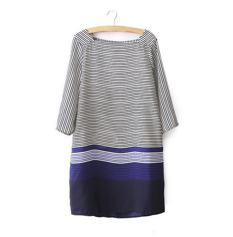 Retro Style Double Color and Stripes Dress 3/4 Sleeves