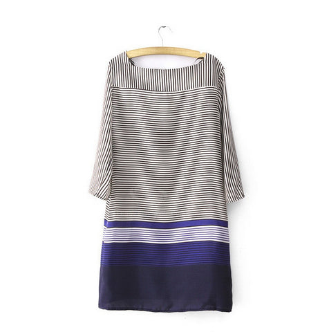Retro Style Double Color and Stripes Dress 3/4 Sleeves