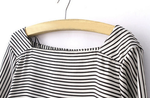 Retro Style Double Color and Stripes Dress 3/4 Sleeves