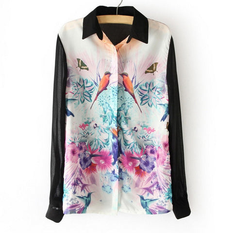 Spring New Splicing Blocking Color Bird and Flower Painting Chiffon Women's Blouse