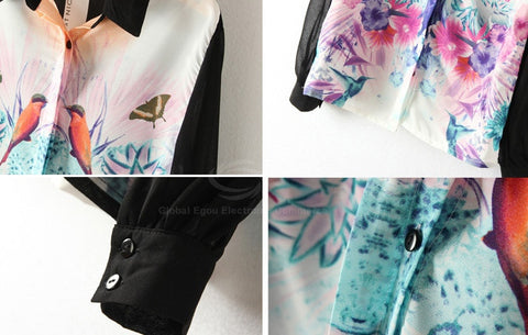 Spring New Splicing Blocking Color Bird and Flower Painting Chiffon Women's Blouse