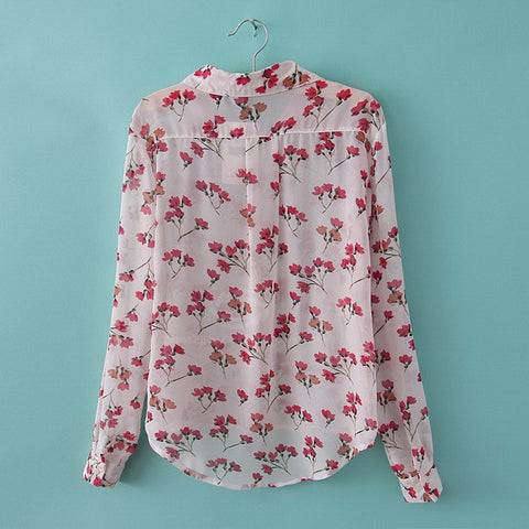 Ladylike Floral Print Chiffon Women's Long Sleeve Button Down Shirt
