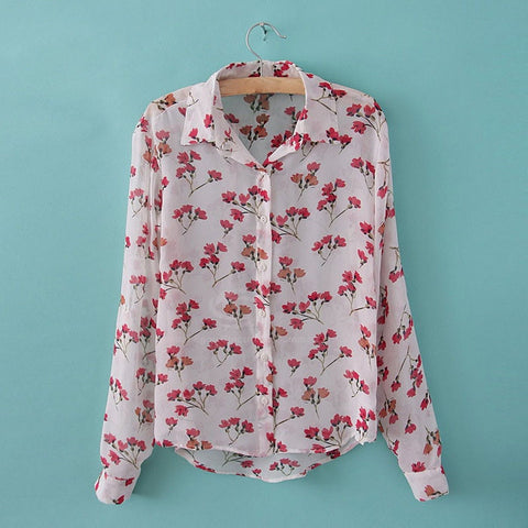 Ladylike Floral Print Chiffon Women's Long Sleeve Button Down Shirt
