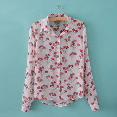 Ladylike Floral Print Chiffon Women's Long Sleeve Button Down Shirt