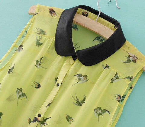Chiffon Color Block Polo Collar Sleeveless Refreshing Style Women's Blouse