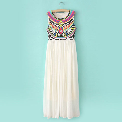 Long Maxi Bohemian Print Pattern Dress WHITE