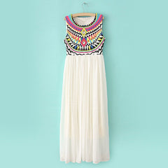 Long Maxi Bohemian Print Pattern Dress WHITE