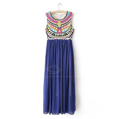 Long Maxi Bohemian Print Pattern Dress BLUE