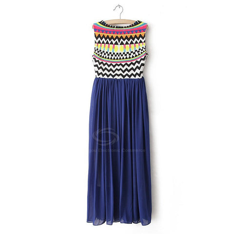 Long Maxi Bohemian Print Pattern Dress BLUE