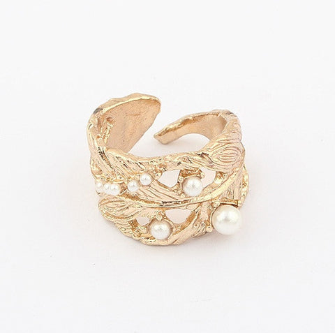Cute Faux Pearl Embellished Curled Leaf Shaped Alloy Finger Ring