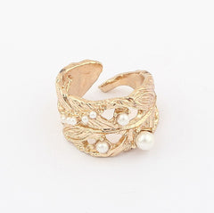 Cute Faux Pearl Embellished Curled Leaf Shaped Alloy Finger Ring