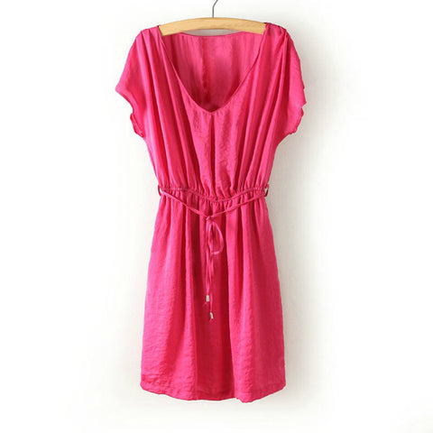 Flounce Short Sleeves Dress V-Neck in Cotton PINK
