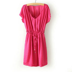 Flounce Short Sleeves Dress V-Neck in Cotton PINK