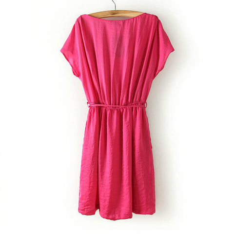 Flounce Short Sleeves Dress V-Neck in Cotton PINK