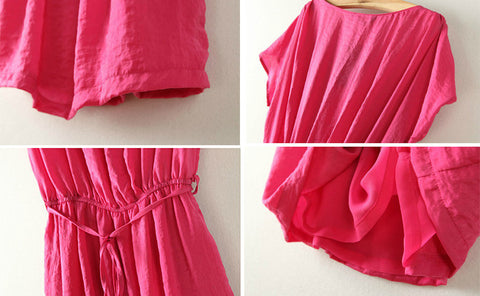 Flounce Short Sleeves Dress V-Neck in Cotton PINK
