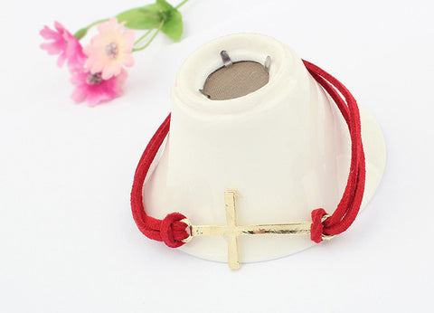 Simple Hot Sale Bilayer Leather Embellished Women's Cross Shape Bracelet RED