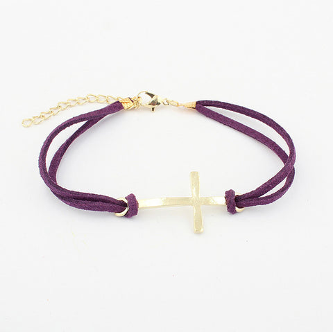 Simple Hot Sale Bilayer Leather Embellished Women's Cross Shape Bracelet PURPLE
