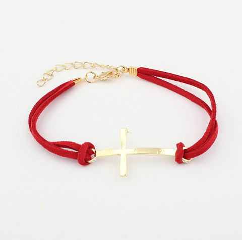 Simple Hot Sale Bilayer Leather Embellished Women's Cross Shape Bracelet RED
