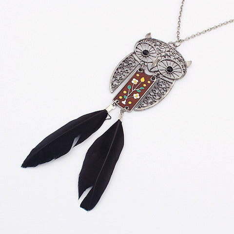 Characteristic Feather Decorated Owl Shape Pendant Women's Sweater Chain Necklace