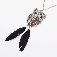 Characteristic Feather Decorated Owl Shape Pendant Women's Sweater Chain Necklace