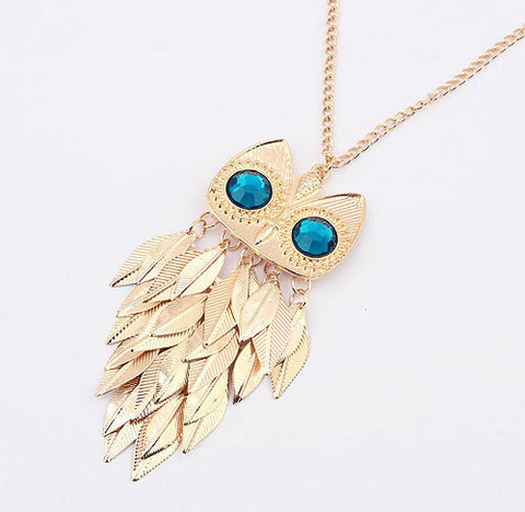 Sweet Modern Style Golden Leaves Decorated Women's Owl Shape Sweater Chain Necklace