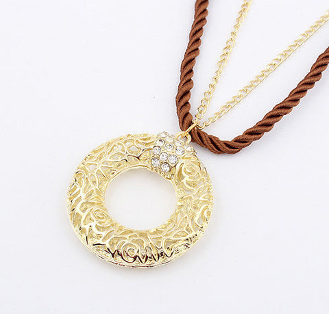 Chic Rhinestoned Openwork Round Pendant Ribbon Embellished Sweater Chain Necklace For Women