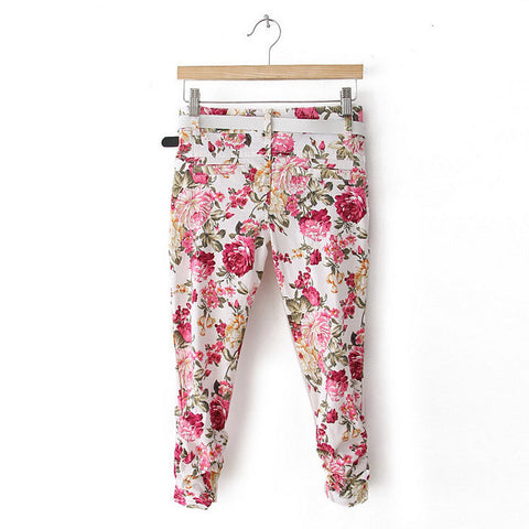 Pastoral Style Ruffled Floral Print Zipper Up Pockets Design Slimming Denim Women's Pants PINK