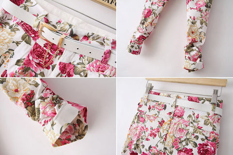Pastoral Style Ruffled Floral Print Zipper Up Pockets Design Slimming Denim Women's Pants PINK