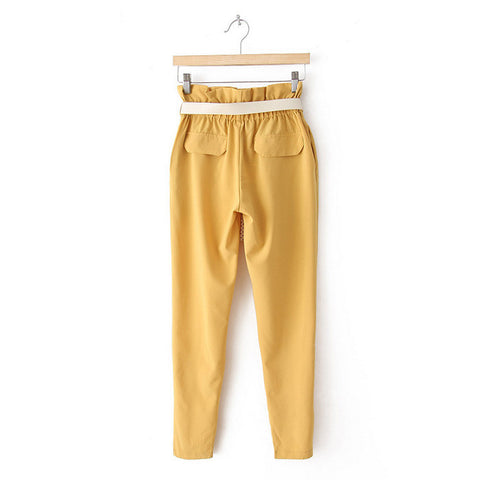 Style Ruffled Lacework Embellished Elastic High Waist Pockets Design Polyester Women's Ninth Pants YELLOW