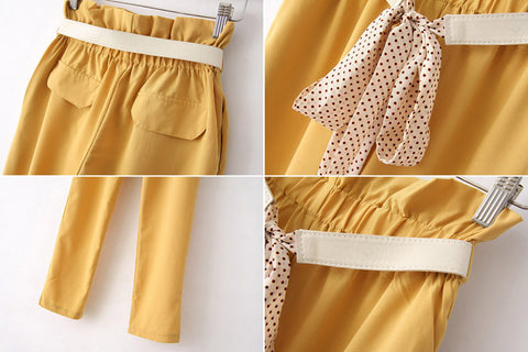 Style Ruffled Lacework Embellished Elastic High Waist Pockets Design Polyester Women's Ninth Pants YELLOW