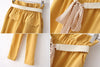 Style Ruffled Lacework Embellished Elastic High Waist Pockets Design Polyester Women's Ninth Pants YELLOW