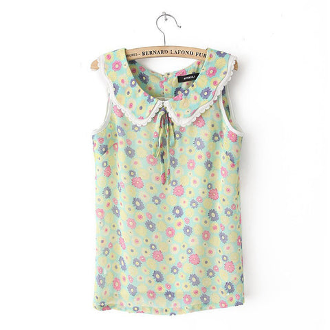 Sleeveless Shirt Blouse Peter Pan Collar Floral LIGHT GREEN