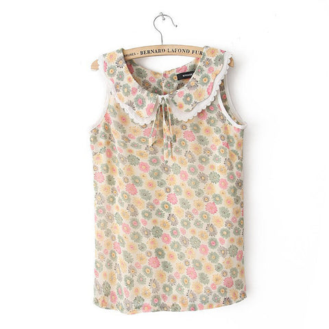 Sleeveless Shirt Blouse Peter Pan Collar Floral LIGHT PINK
