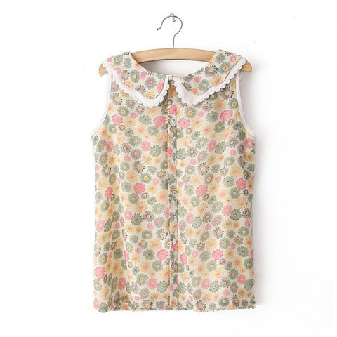 Sleeveless Shirt Blouse Peter Pan Collar Floral LIGHT PINK