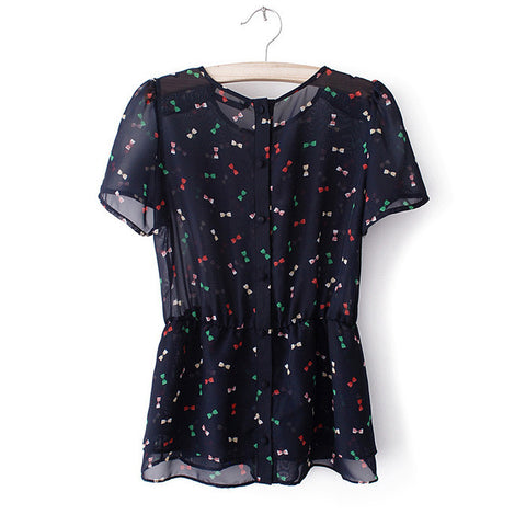 Short Sleeves Shirt Blouse Colored Bows